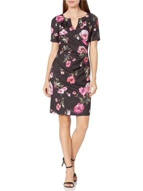 Adrianna Papell Black Floral Side Drape Sheath Dress